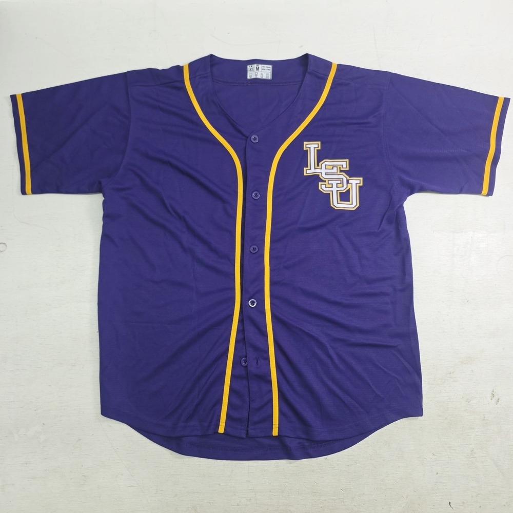 LSU Tigers Baseball Jersey #8 Mens Medium Purple Gold Button Front Replica EUC